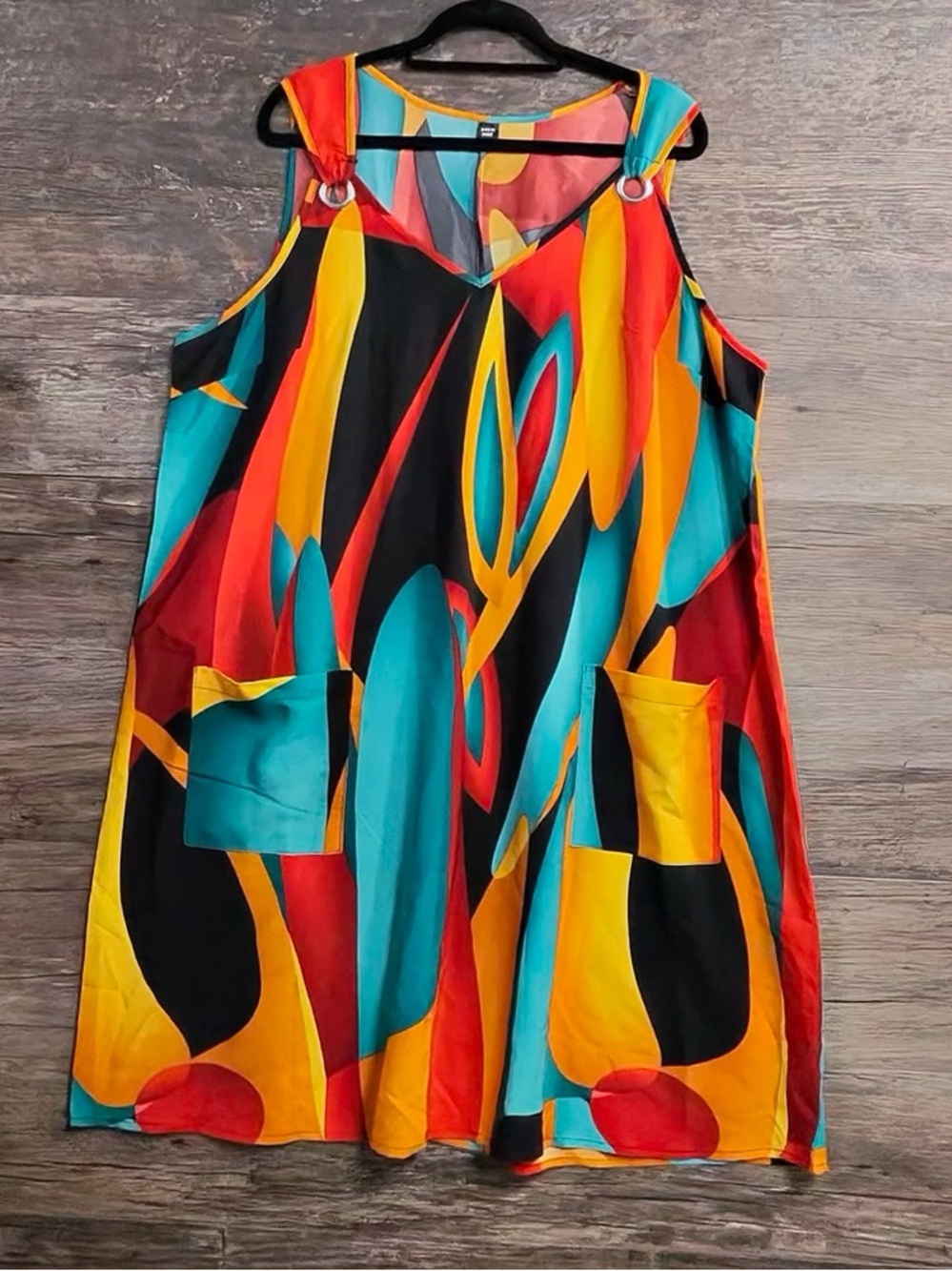 SHEIN Colorblock Abstract Sleeveless Mini Dress in Teal, Red, Yellow, Black